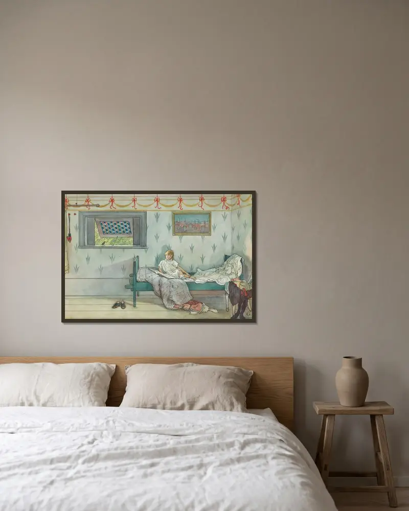 Kuckeliku! Klockan är sju av Carl Larsson inramad på en vägg