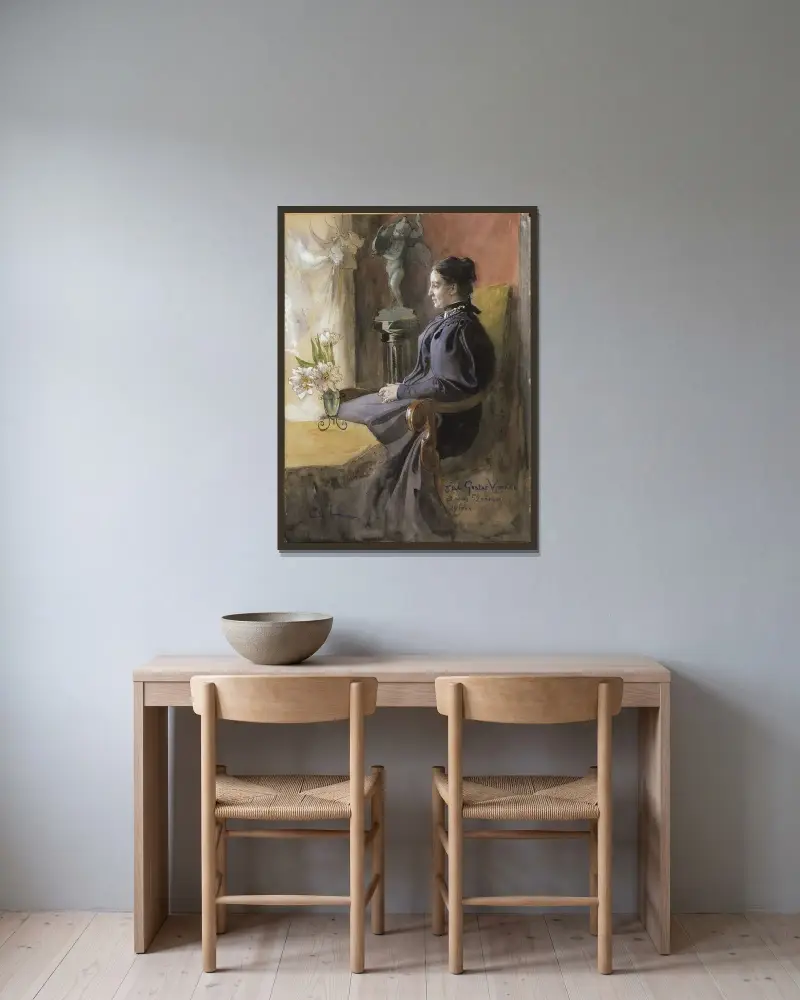 Eva Upmark, 1852–1944, född Kindstrand av Carl Larsson inramad på en vägg
