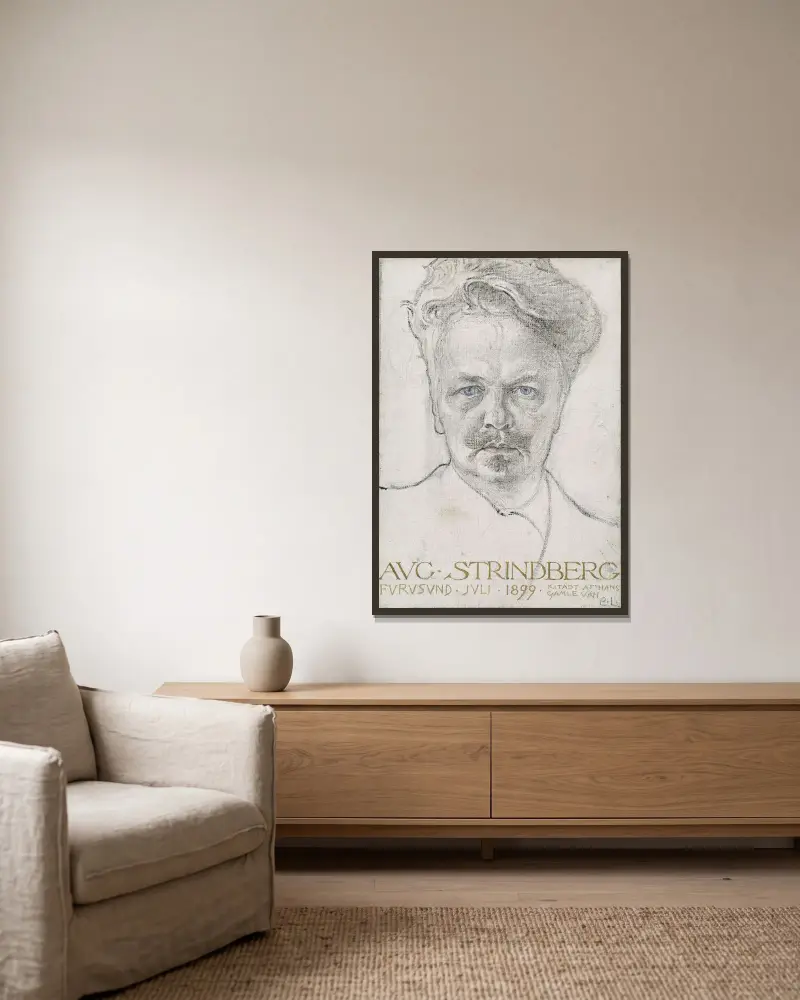 Der Autor August Strindberg von Carl Larsson gerahmt an einer Wand