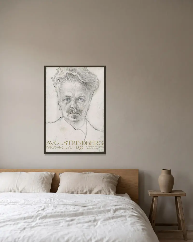 Der Autor August Strindberg von Carl Larsson gerahmt an einer Wand