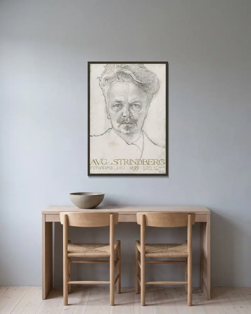 Der Autor August Strindberg von Carl Larsson gerahmt an einer Wand