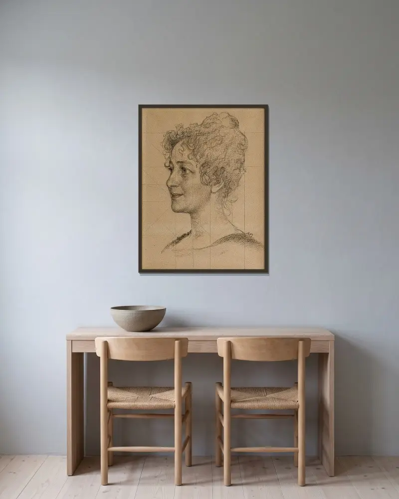 Kopfstudie von Frau Signe Thiel von Carl Larsson gerahmt an einer Wand