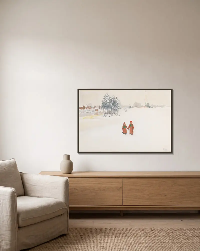 Im Schnee von Carl Larsson gerahmt an einer Wand