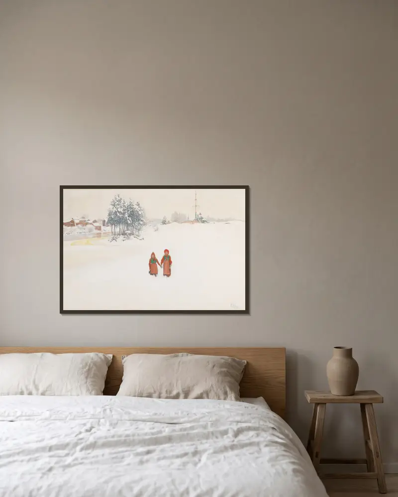 Im Schnee von Carl Larsson gerahmt an einer Wand