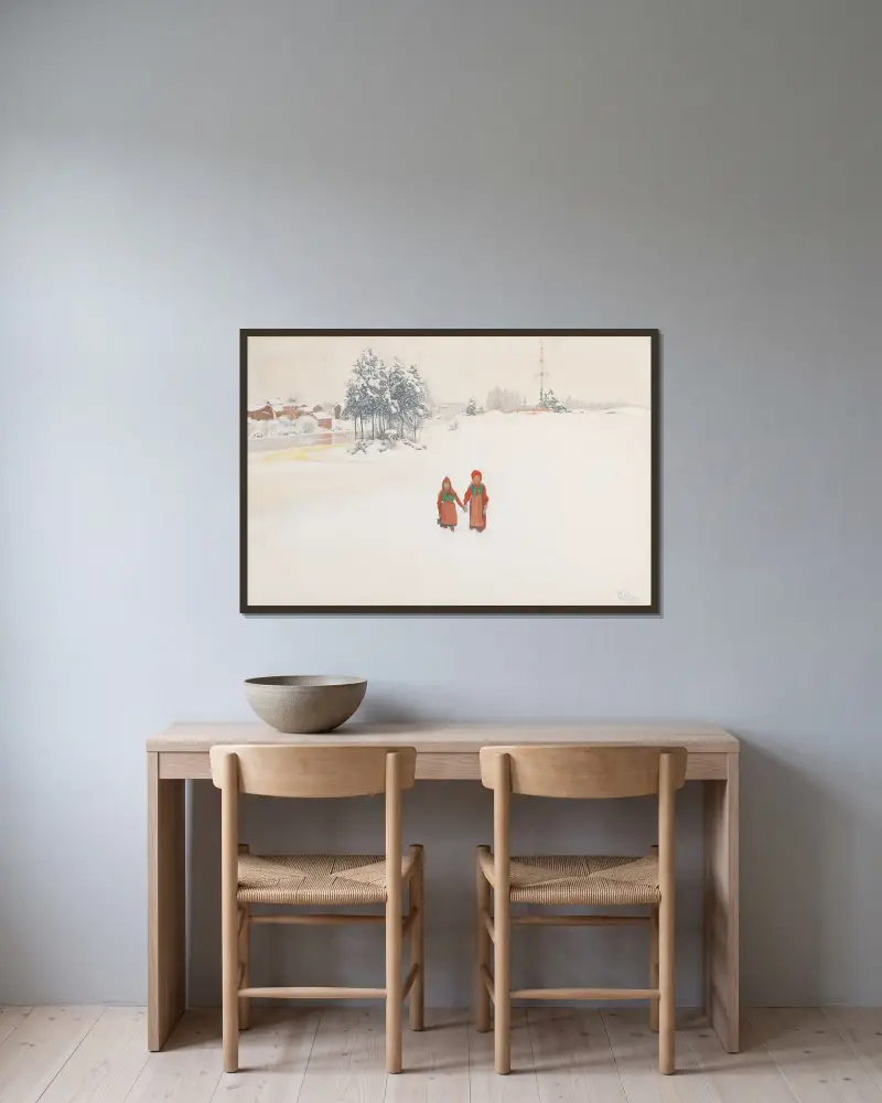 Im Schnee von Carl Larsson gerahmt an einer Wand