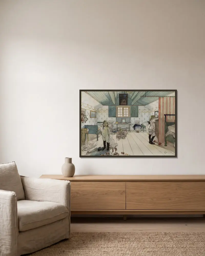 Mammas och de små flickornas rum av Carl Larsson inramad på en vägg
