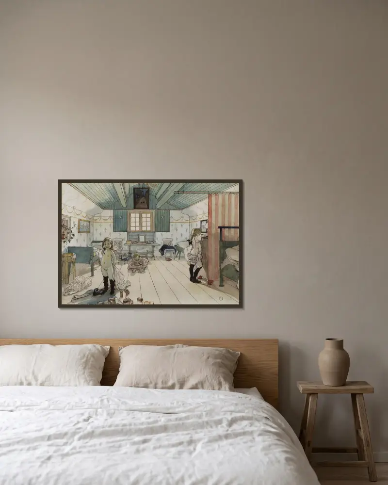 Mammas och de små flickornas rum av Carl Larsson inramad på en vägg