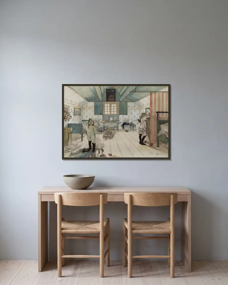 Mammas och de små flickornas rum av Carl Larsson inramad på en vägg