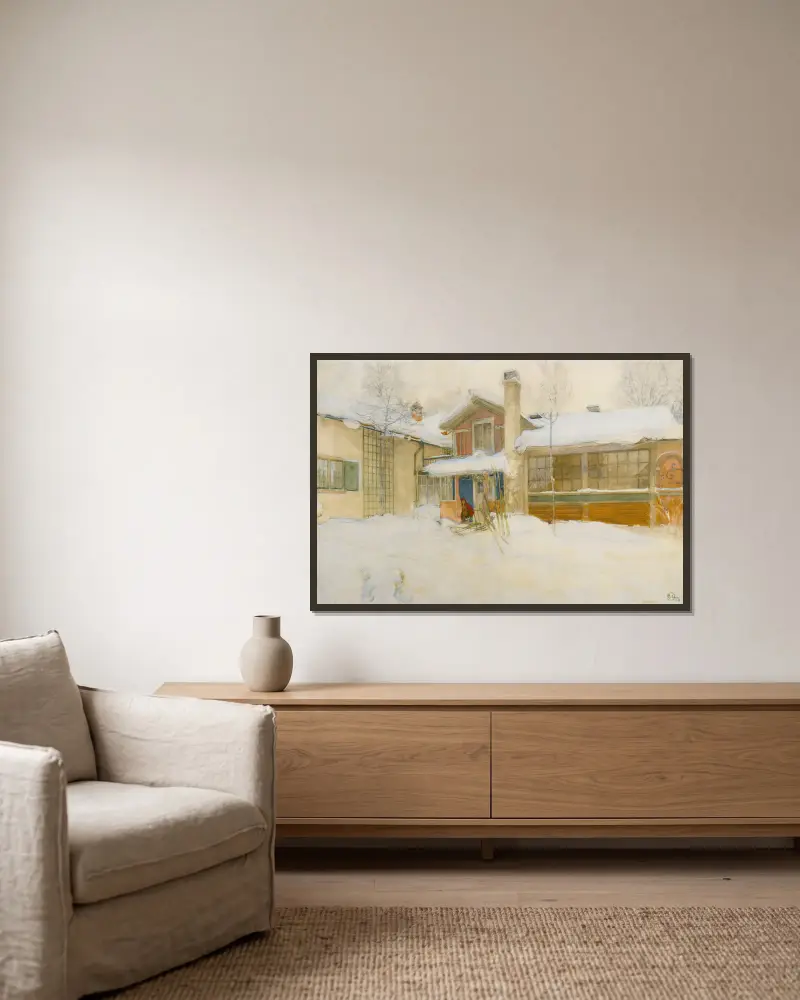 Min lantstuga i vinter, Sundborn av Carl Larsson inramad på en vägg