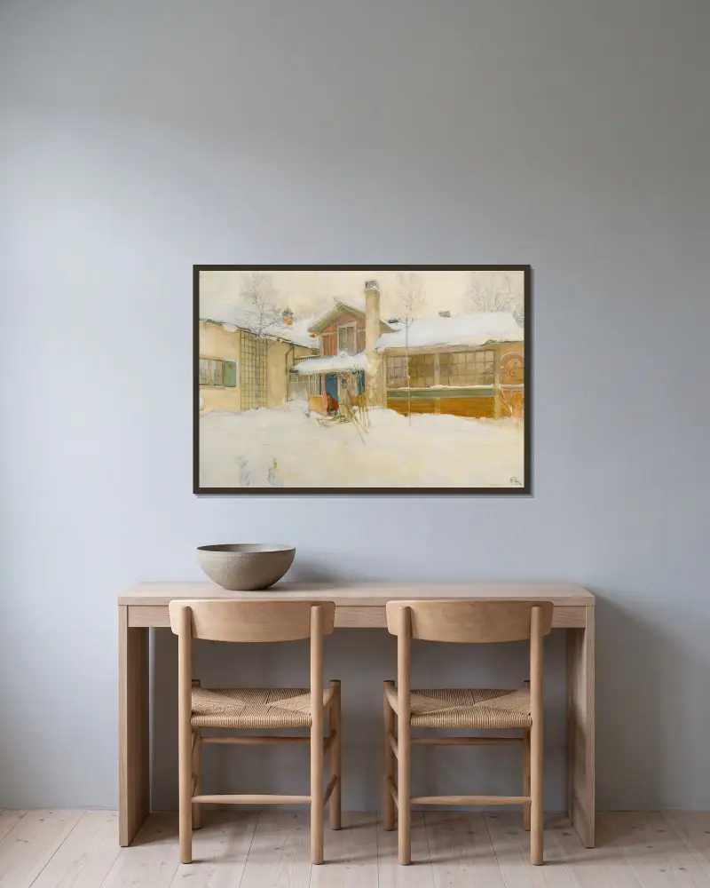 Min lantstuga i vinter, Sundborn av Carl Larsson inramad på en vägg