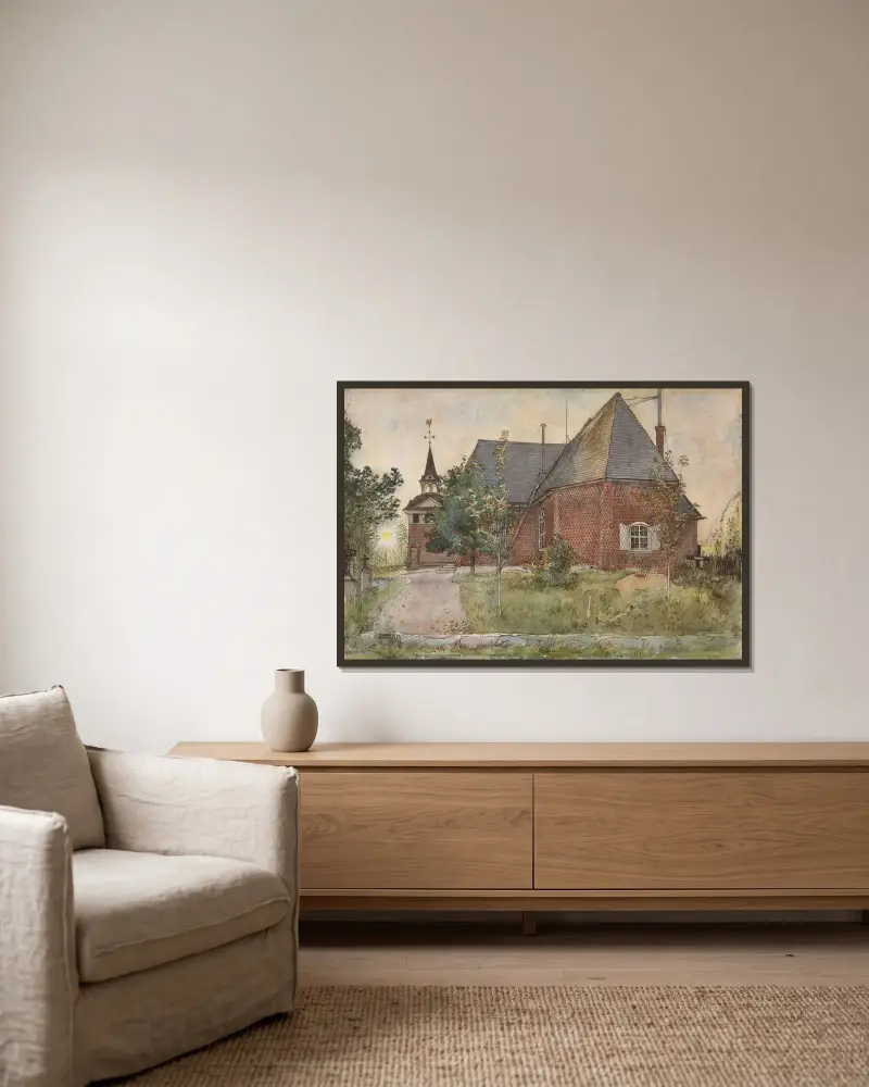 Gamla Sundborns kyrka av Carl Larsson inramad på en vägg