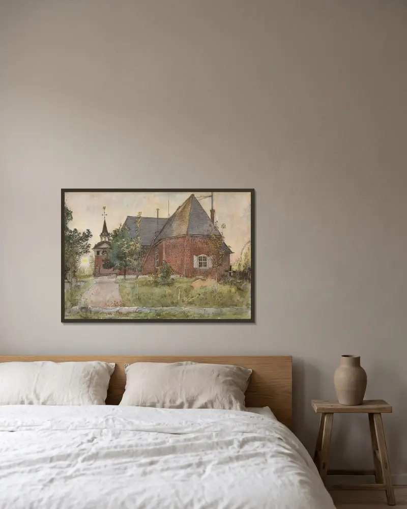 Gamla Sundborns kyrka av Carl Larsson inramad på en vägg