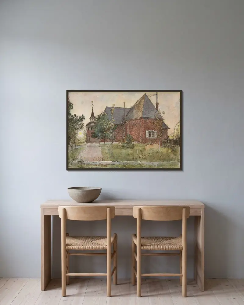 Gamla Sundborns kyrka av Carl Larsson inramad på en vägg