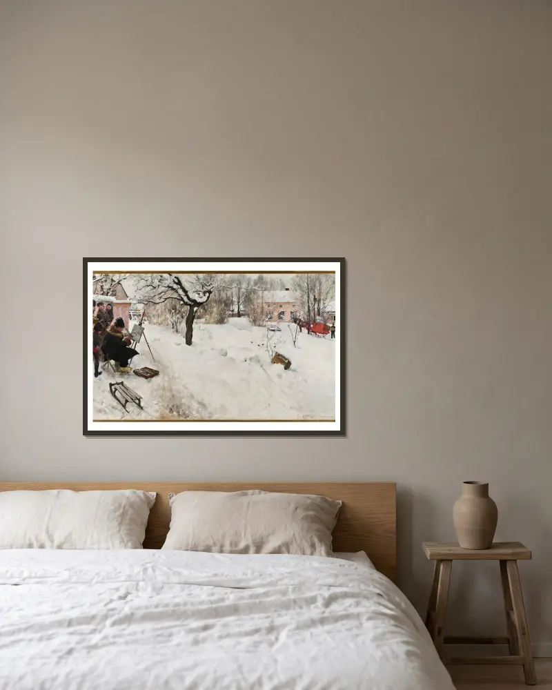 Friluftsmålare. Vintermotiv från Åsögatan 145, Stockholm av Carl Larsson inramad på en vägg