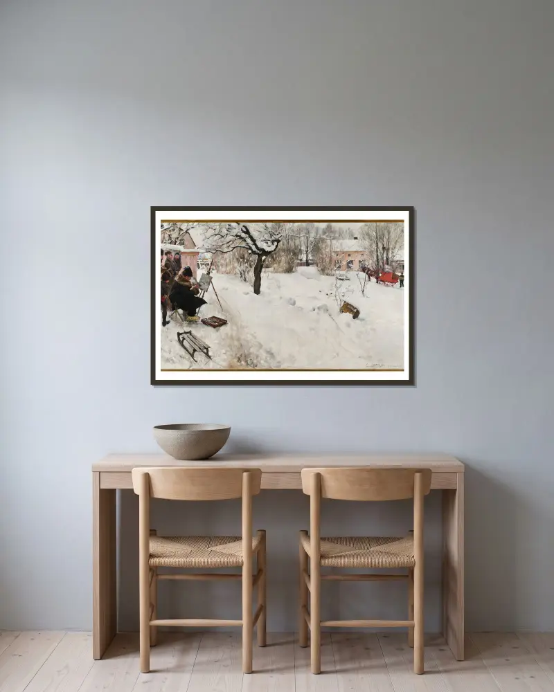 Friluftsmålare. Vintermotiv från Åsögatan 145, Stockholm av Carl Larsson inramad på en vägg