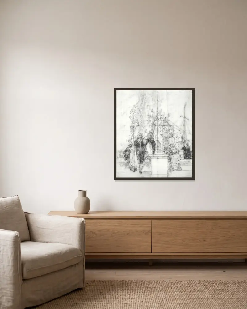 Gustav III som konstens beskyddare och museets grundare mottar antika konstverk av Carl Larsson inramad på en vägg