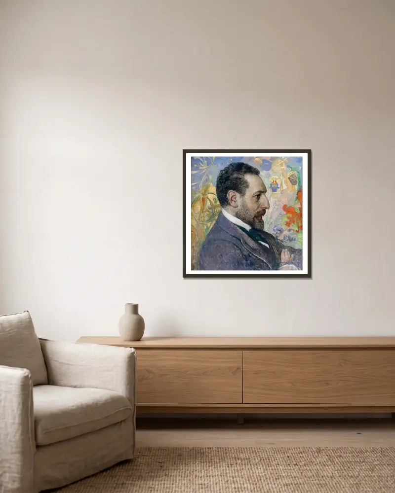 Porträtt av Oscar Levertin av Carl Larsson inramad på en vägg