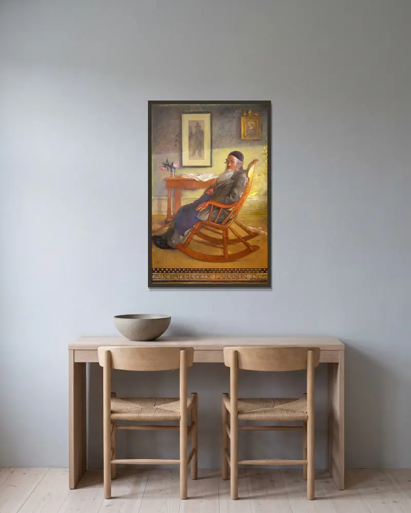 Porträtt av konstnärens far av Carl Larsson inramad på en vägg