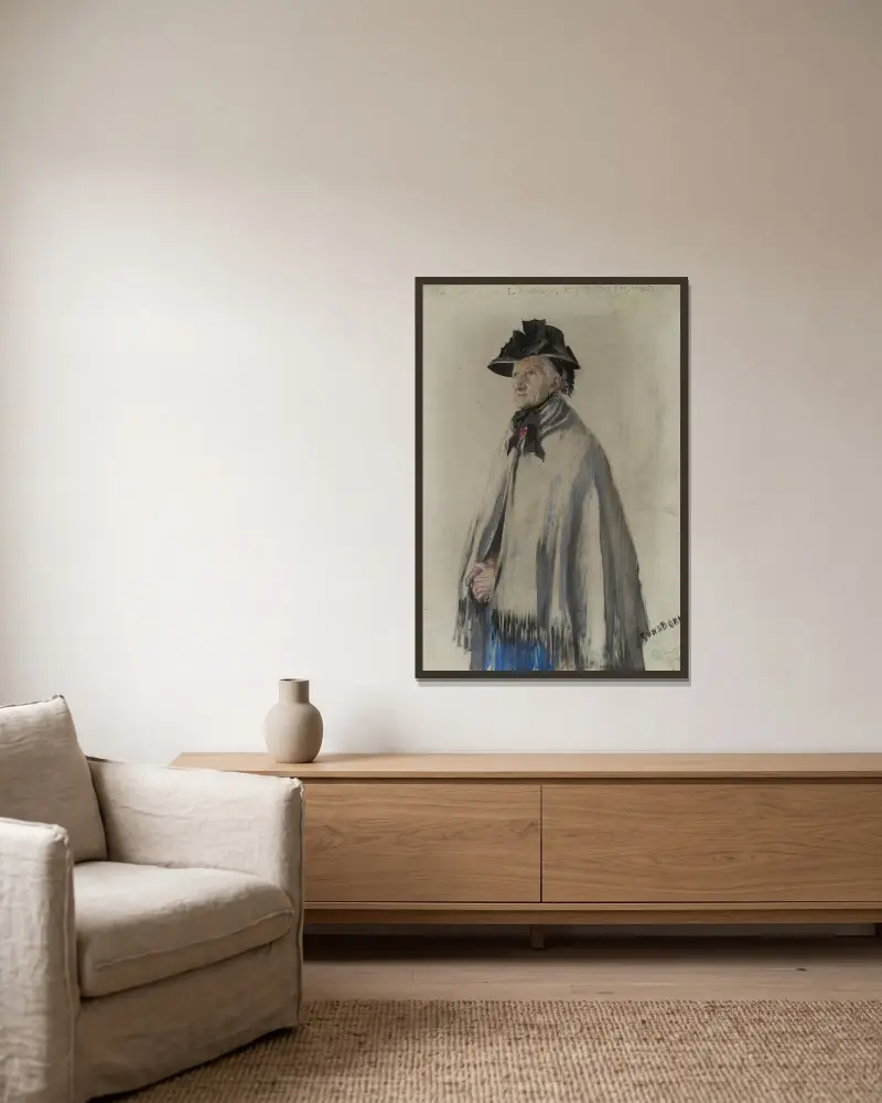 Porträtt av konstnärens mor av Carl Larsson inramad på en vägg