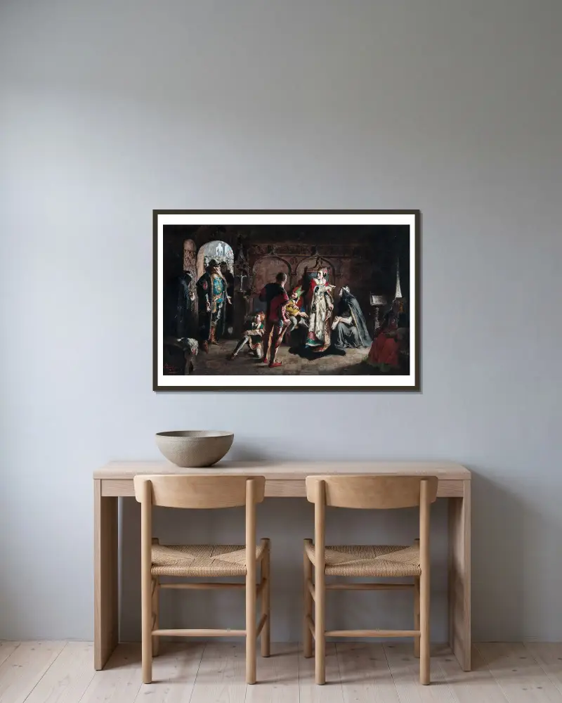 Sten Sture den äldre befriar den fångna danska drottningen Kristina från Vadstena kloster av Carl Larsson inramad på en vägg