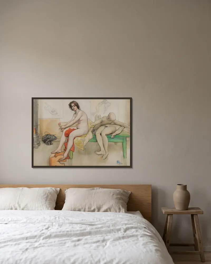 Das Modell und die Mannequins von Carl Larsson gerahmt an einer Wand