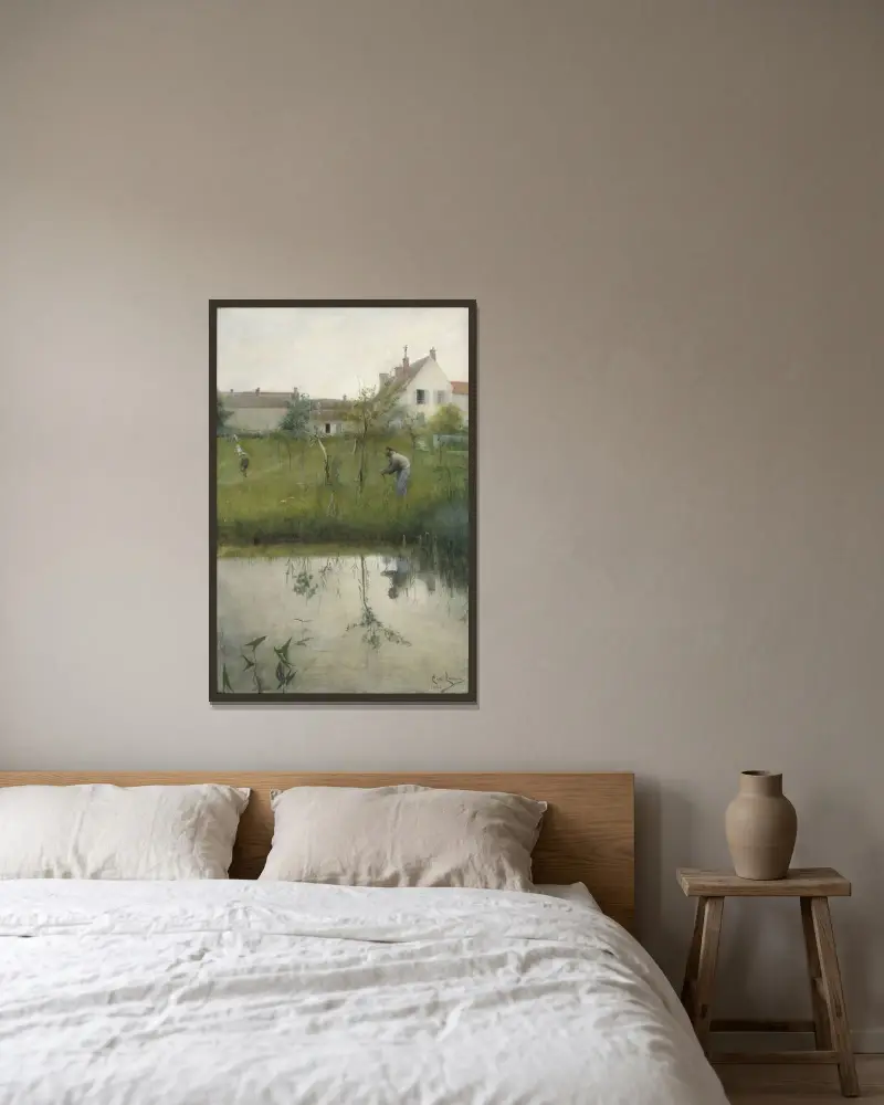 Den gamle mannen och plantskolan av Carl Larsson inramad på en vägg