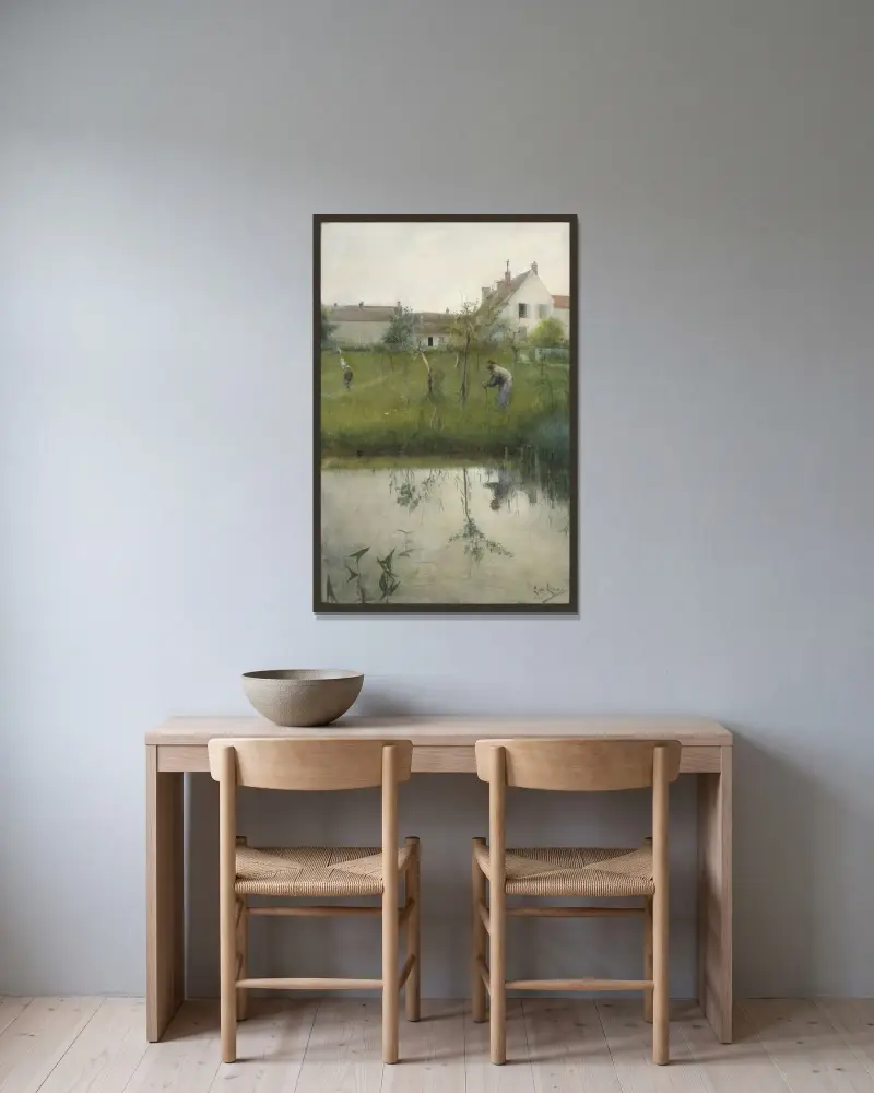 Den gamle mannen och plantskolan av Carl Larsson inramad på en vägg