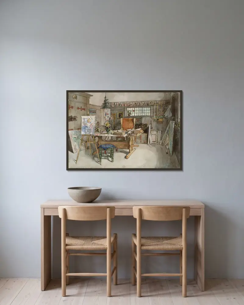 Das Atelier – Nr. 2 von Carl Larsson gerahmt an einer Wand