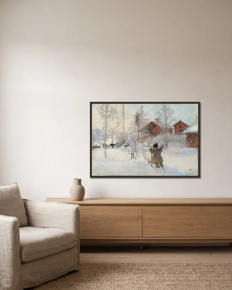 Gården och tvättstugan av Carl Larsson inramad på en vägg