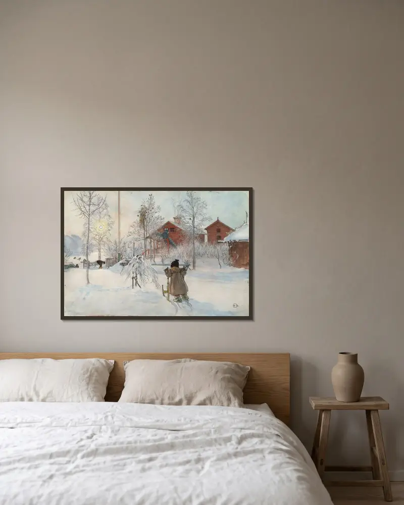 Gården och tvättstugan av Carl Larsson inramad på en vägg