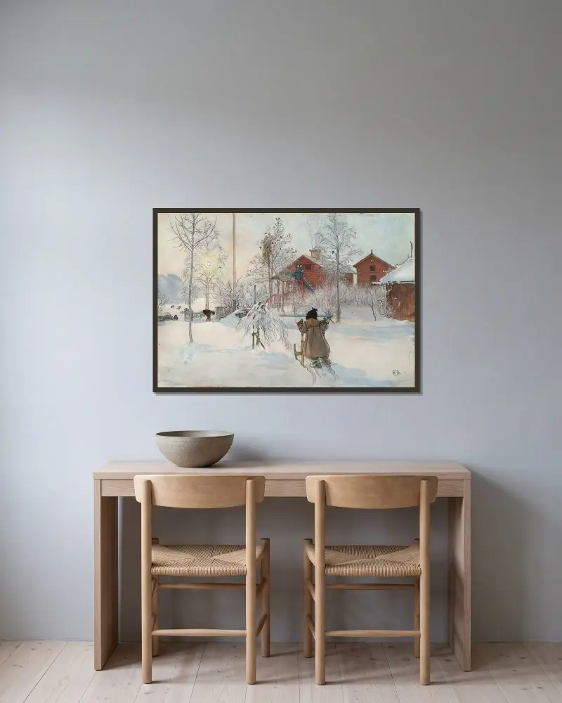 Gården och tvättstugan av Carl Larsson inramad på en vägg
