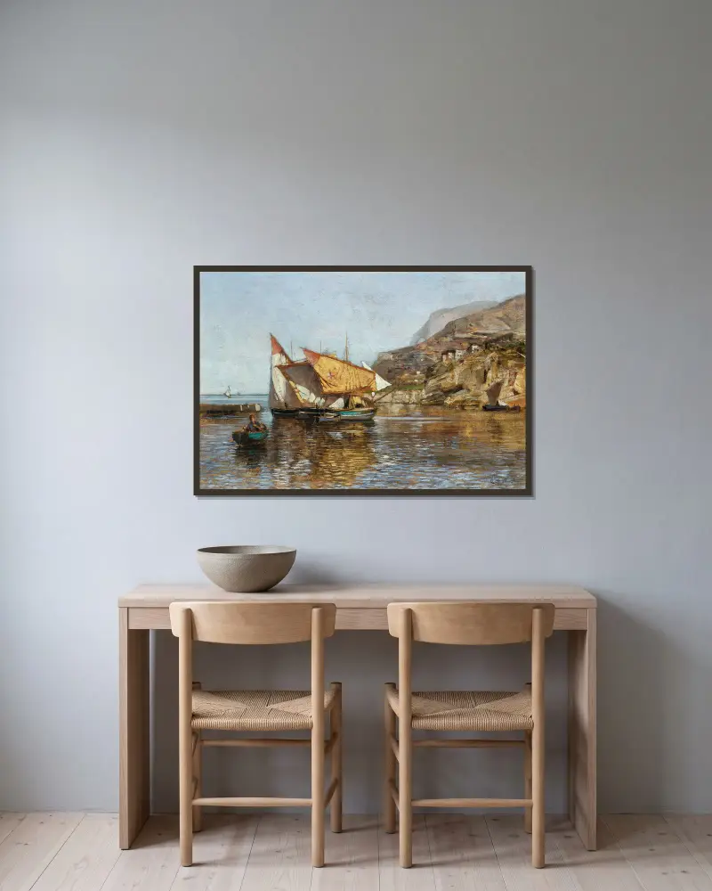 A Coastal Landscape with Fishing Boats av Carl Moll inramad på en vägg