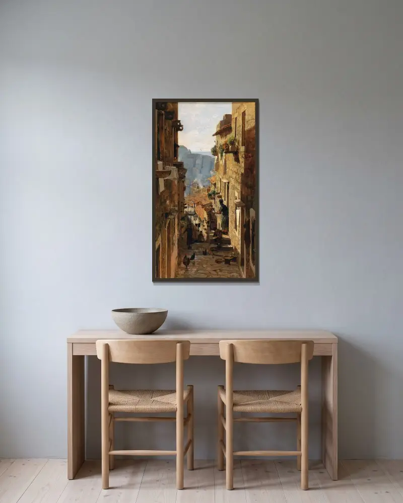 En gata i Ragusa av Carl Moll inramad på en vägg