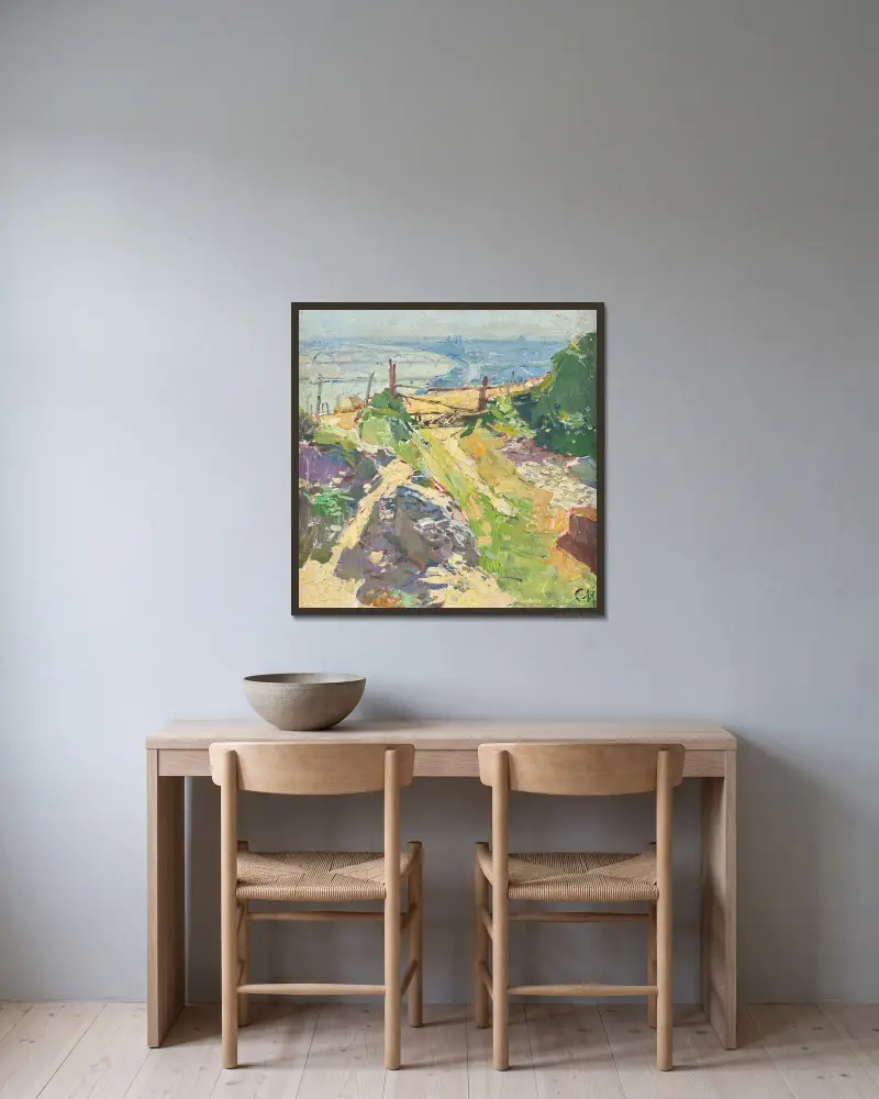 Beim Eichelhof in Nußdorf av Carl Moll inramad på en vägg