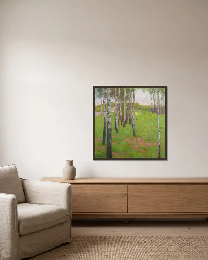 Birkenwäldchen im Abendlicht av Carl Moll inramad på en vägg