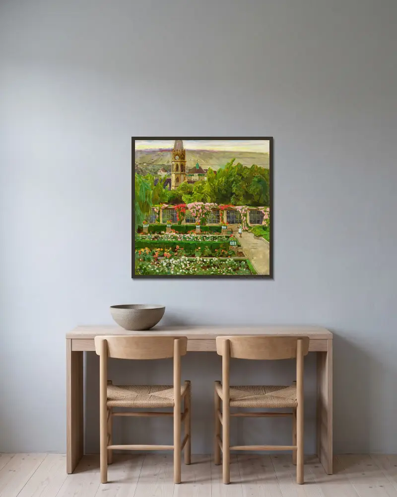 Blick in den Garten der Villa Ast (View of the garden of the Villa Ast) av Carl Moll inramad på en vägg