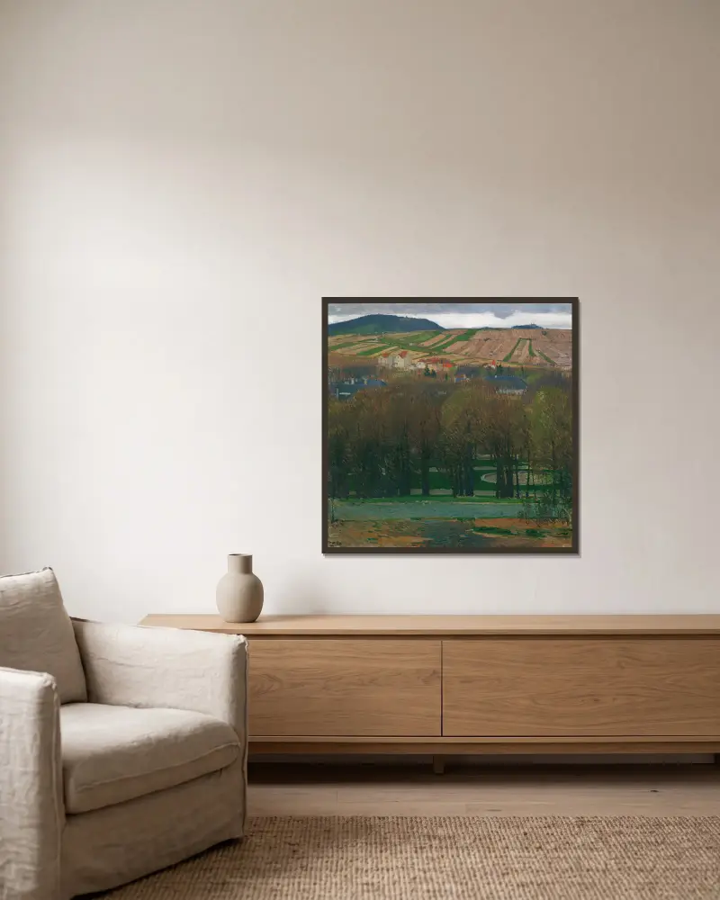 Blick von Heiligenstadt auf den Nußberg von Carl Moll gerahmt an einer Wand