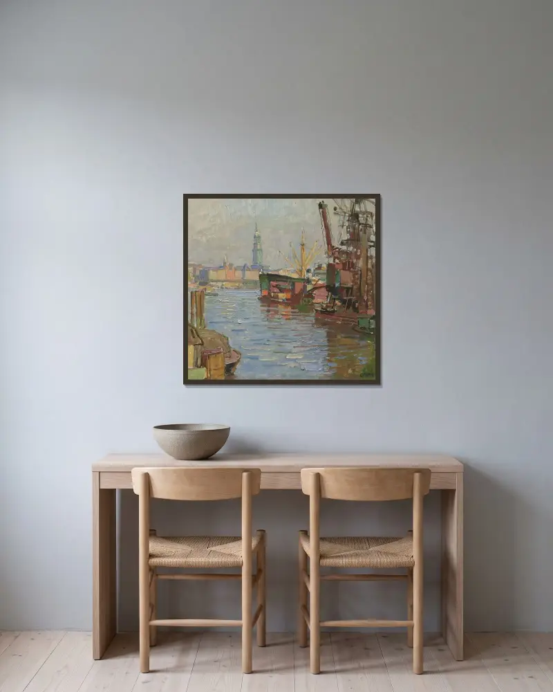 Hamburgs hamn av Carl Moll inramad på en vägg