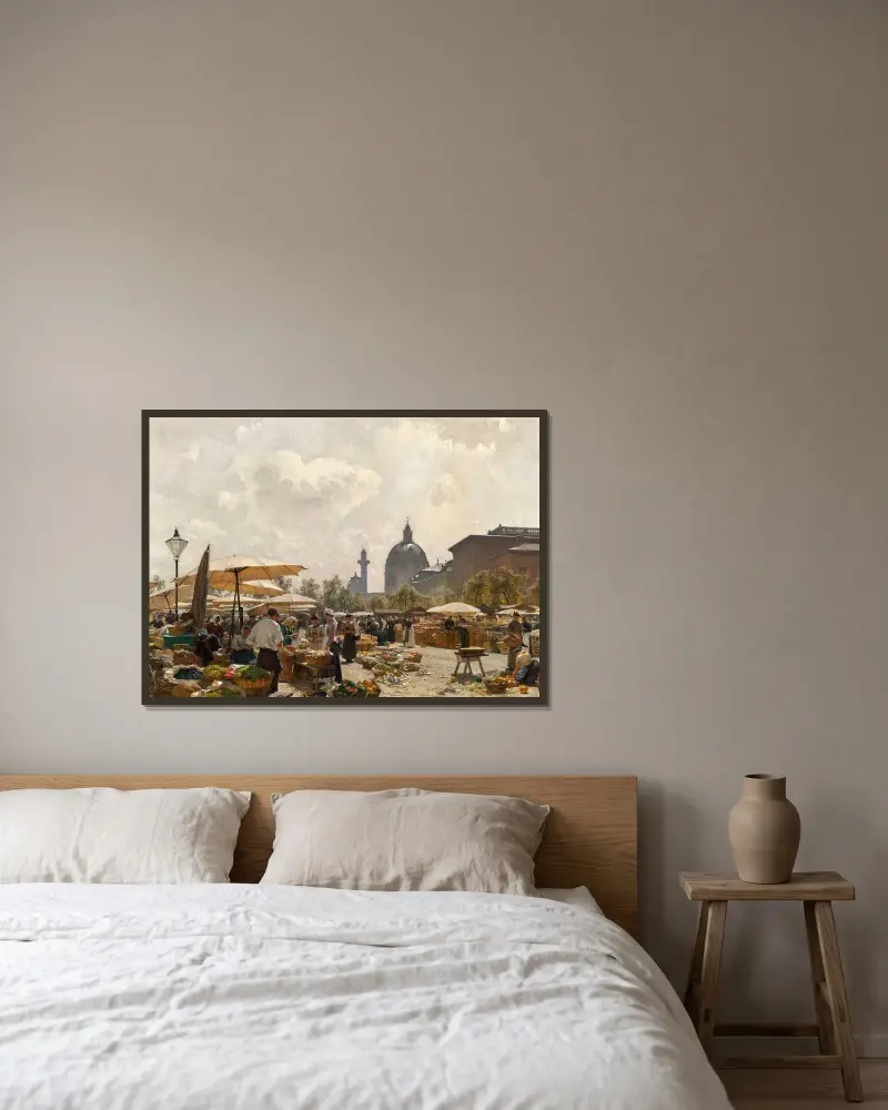 Naschmarkt i Wien av Carl Moll inramad på en vägg