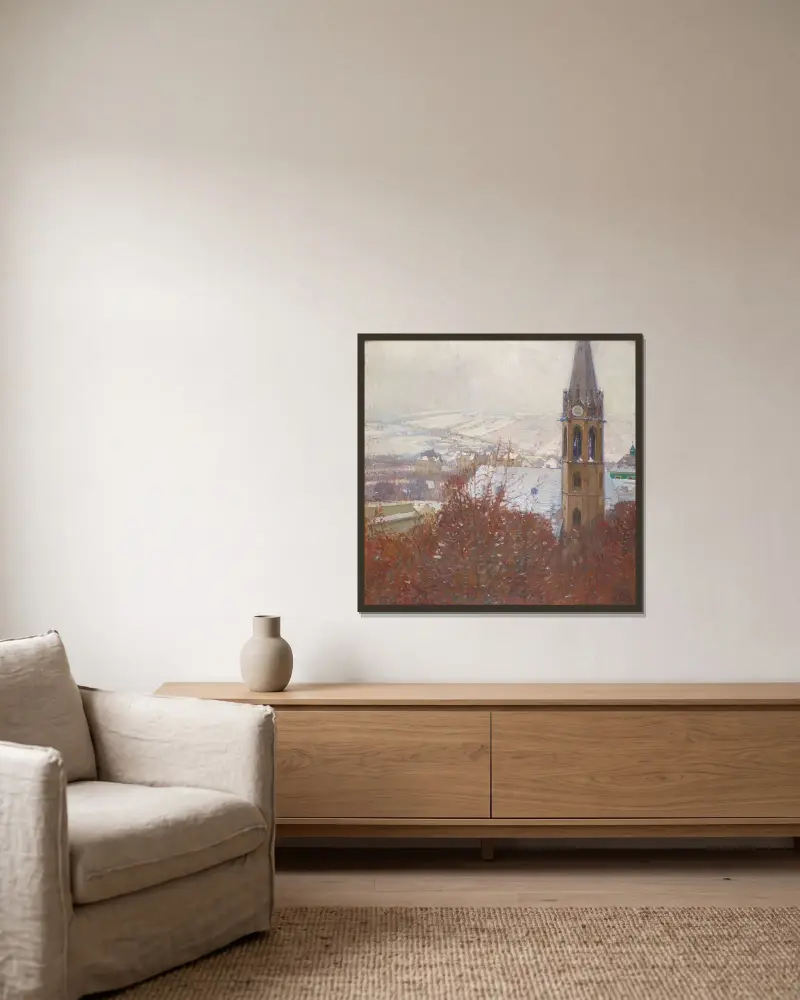 Heiligenstadt i snö av Carl Moll inramad på en vägg