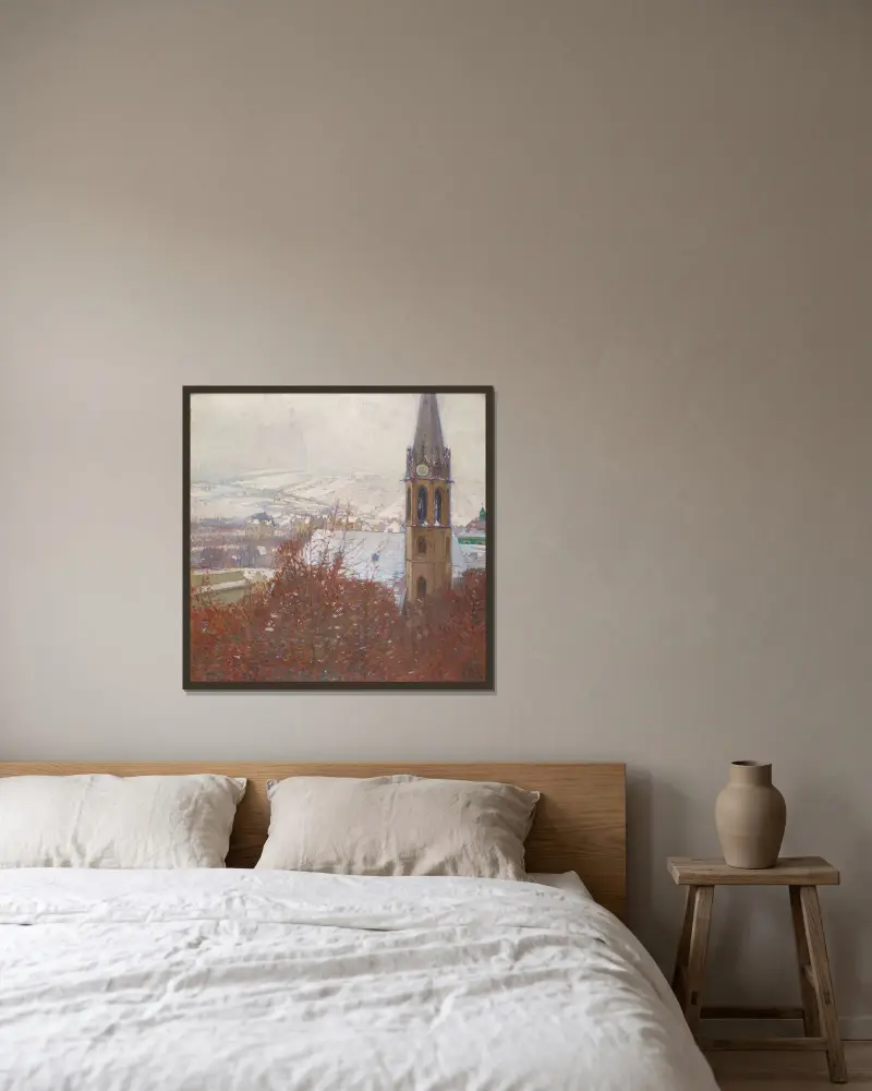Heiligenstadt i snö av Carl Moll inramad på en vägg