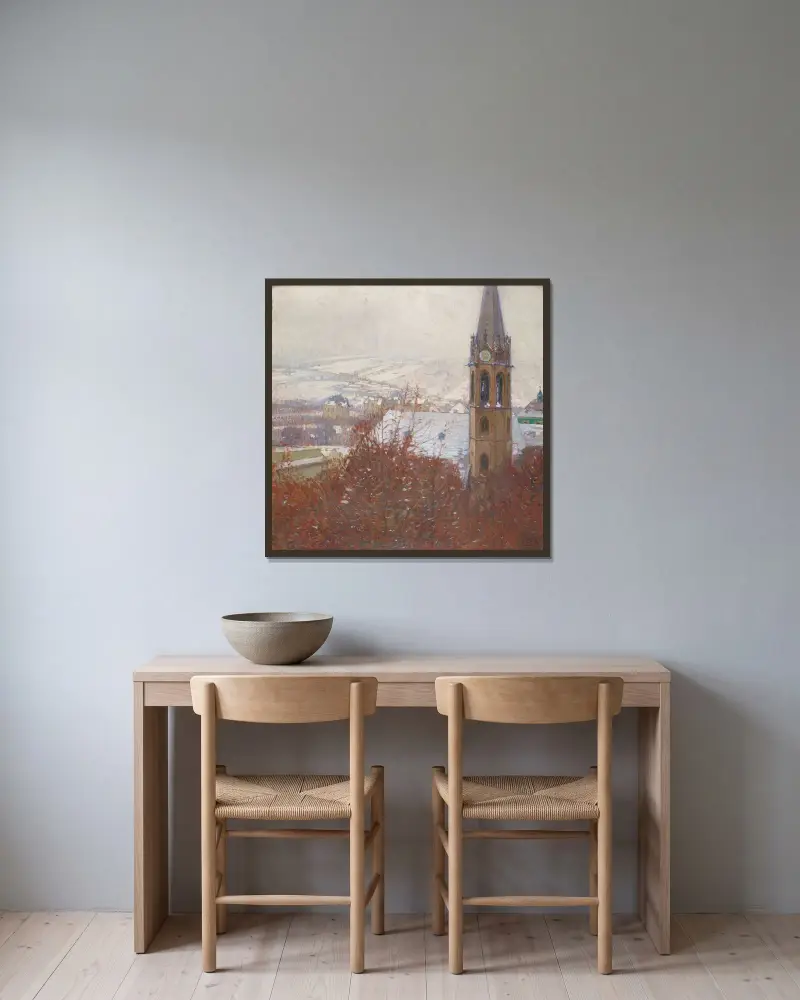 Heiligenstadt i snö av Carl Moll inramad på en vägg