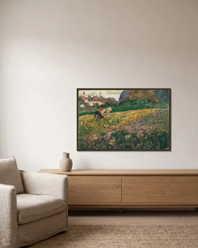 Flicka i blomsteräng av Carl Moll inramad på en vägg