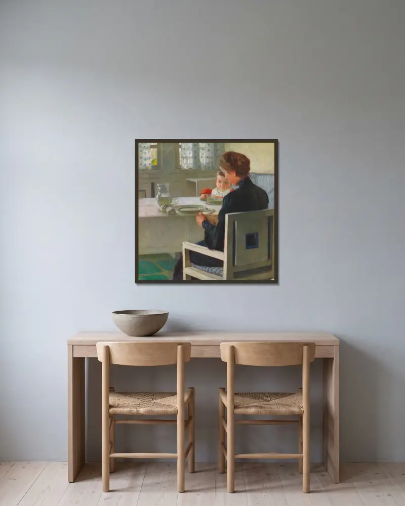 Mamma och barn vid bordet (Vid frukosten) av Carl Moll inramad på en vägg