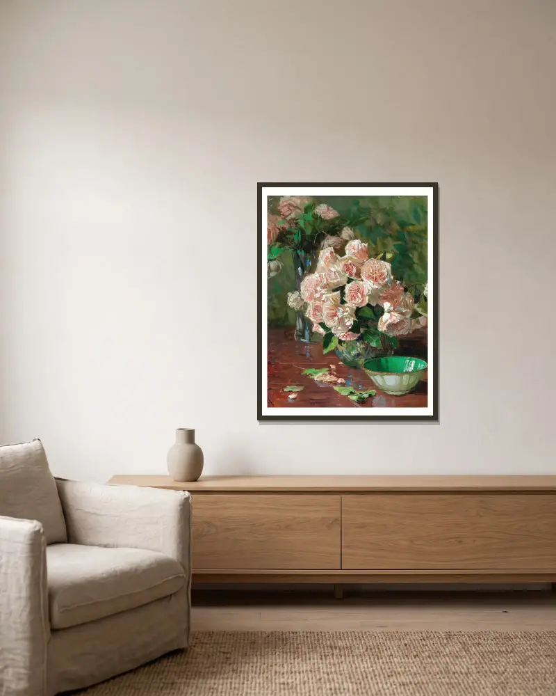 Weiße Rosen II av Carl Moll inramad på en vägg