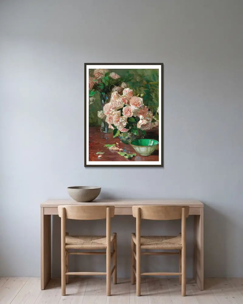 Weiße Rosen II av Carl Moll inramad på en vägg