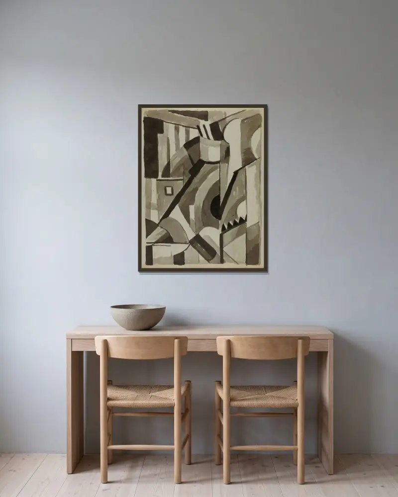 Abstract 3 av Carl Newman inramad på en vägg