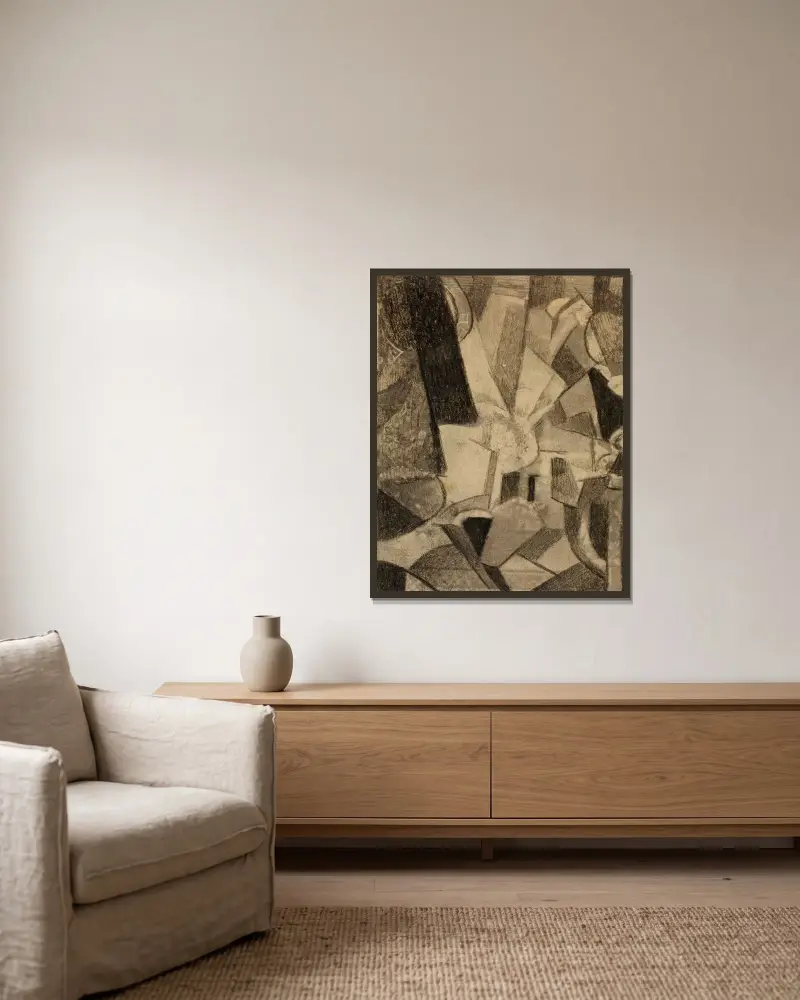 Abstract 6 av Carl Newman inramad på en vägg