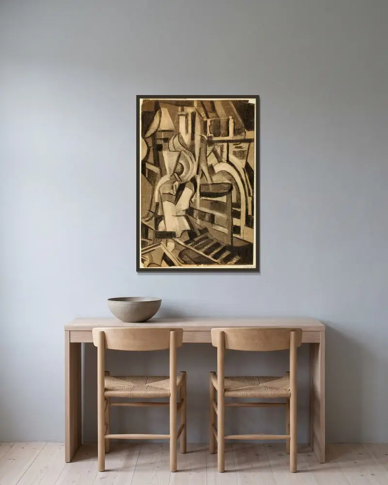 Abstrakt – Sitzende Figur von Carl Newman gerahmt an einer Wand