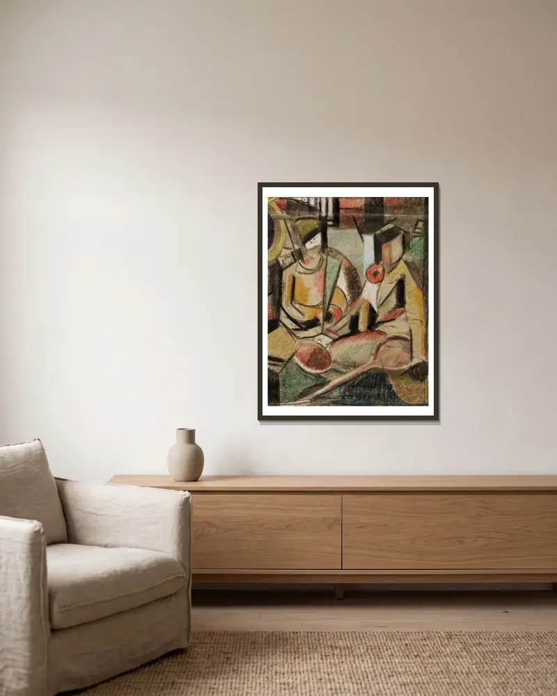 Abstract–Two Women with Tennis Racquets av Carl Newman inramad på en vägg
